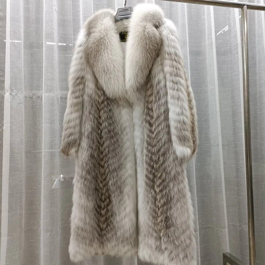 Damen Langer Mantel mit Pelz-Optik im Chevron-Muster