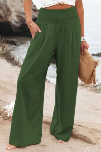 Damesstrandbroek met wijde pijpen, hoge gerimpelde tailleband, linnenlook en zakken