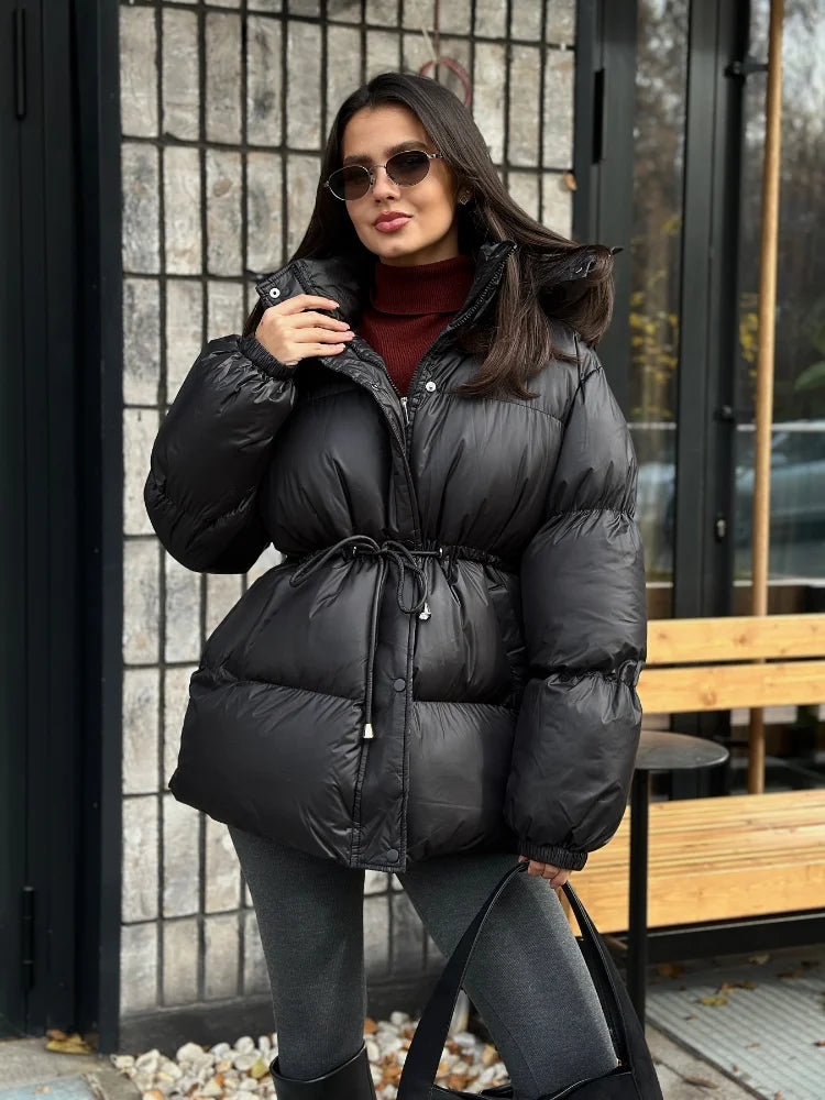 Damen Pufferjacke mit Gürtel Winter Jacke Stehkragen