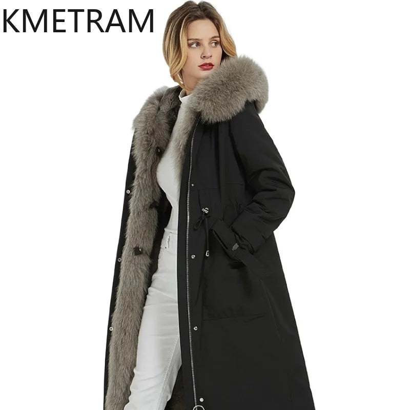 Langer Winterparka Damen Schwarz mit Kapuze und Fellimitat-Futter