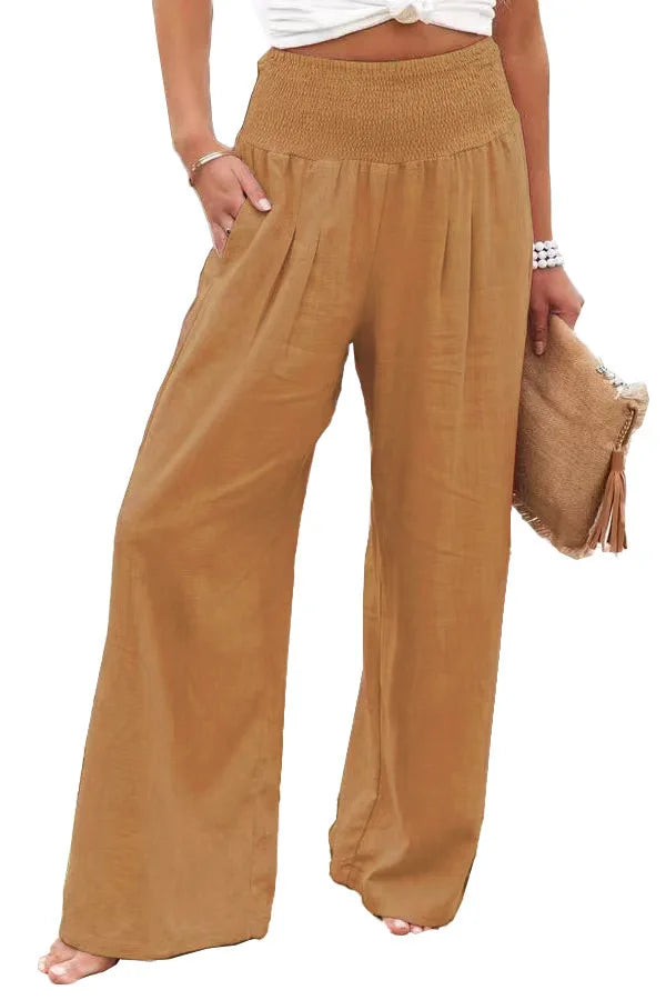 Damesstrandbroek met wijde pijpen, hoge gerimpelde tailleband, linnenlook en zakken