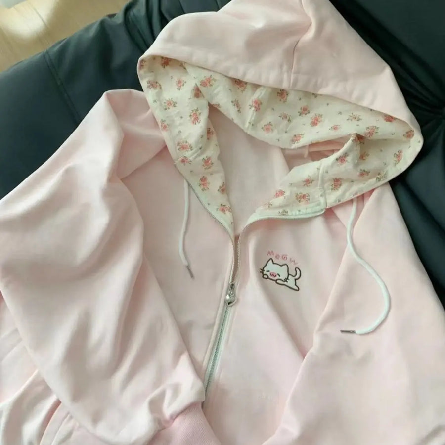 Damen Kapuzenjacke Reißverschluss mit Katzenstickerei, gefütterte Kapuze