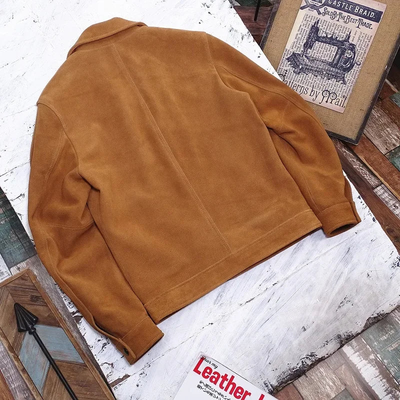 Herren Jacke Wildleder-Optik Cognacbraun mit Umlegekragen & aufgesetzten Taschen