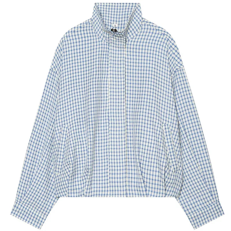 Damen Kariertes Hemd Kragen Langarm Locker Oversized Bluse