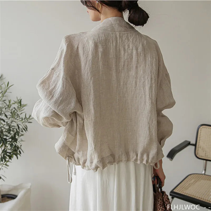 Damen Leichte Jacke Beige mit Reißverschluss & Brusttaschen Stehkragen Kurz Blouson