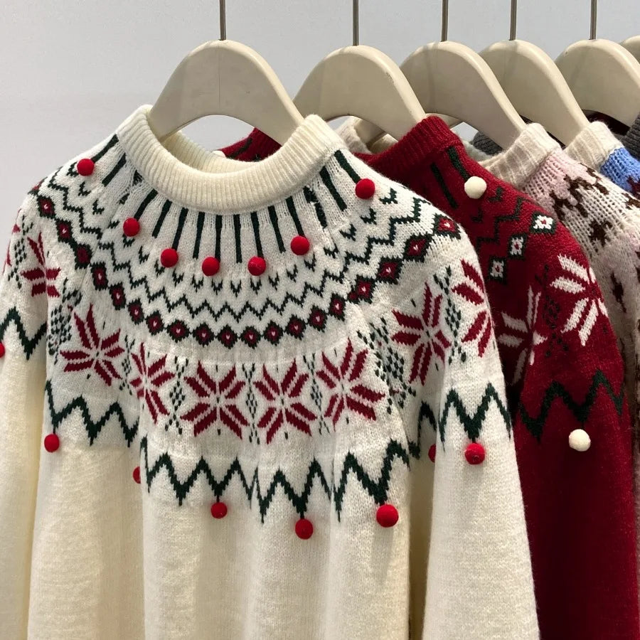 Dames gebreide pullover met Scandinavisch patroon, col en pompons, crème-wit