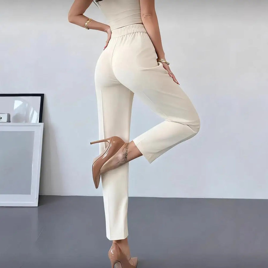 Damen Hose Hochtailliert Beige Schlanker Schnitt