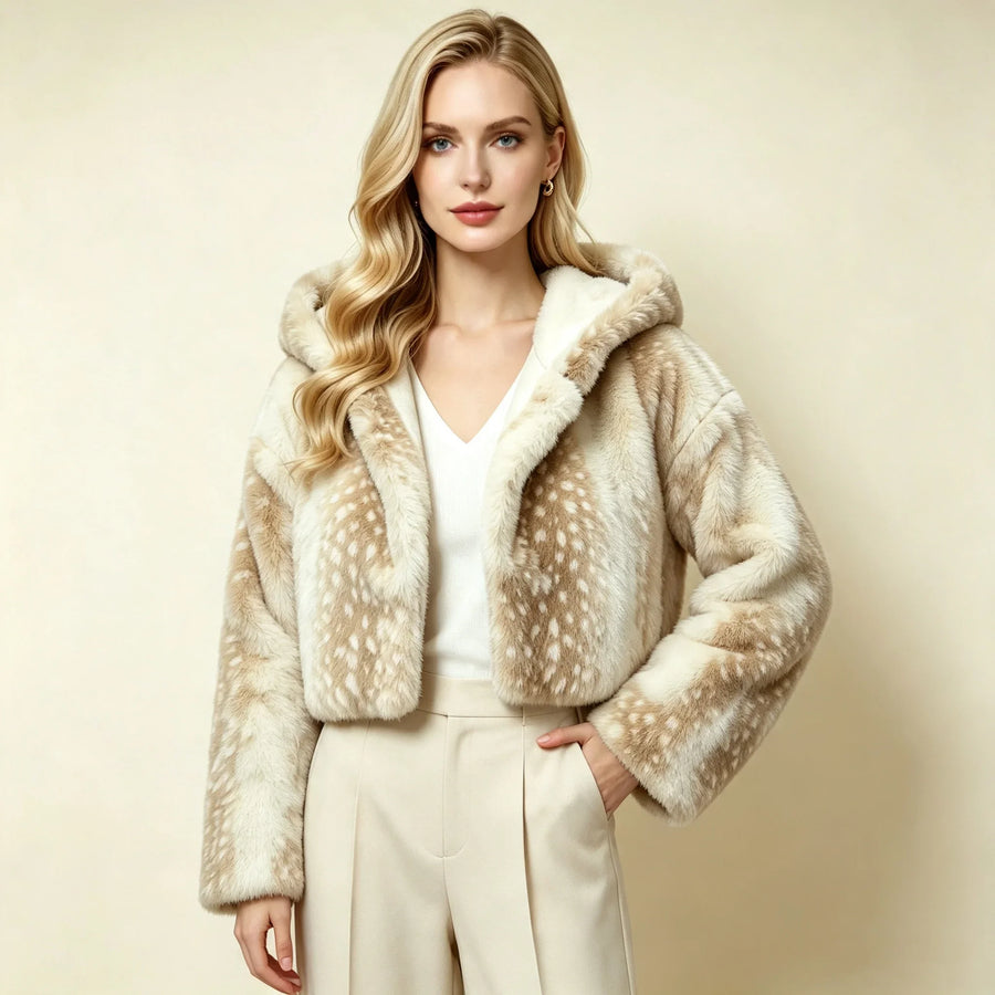 Kurze Damen Kunstfelljacke mit Kapuze, Hirschmuster, Beige