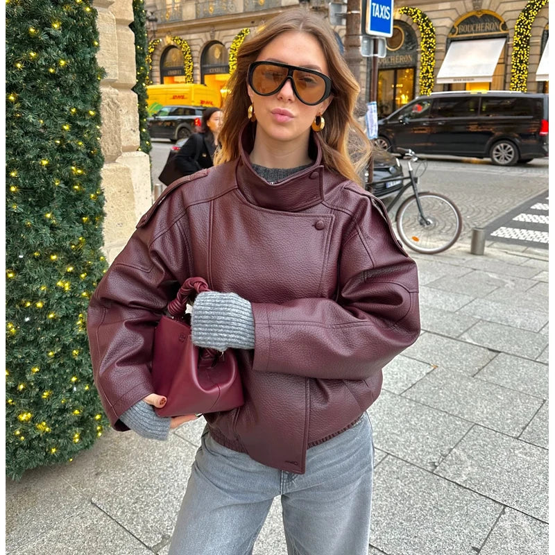 Damen Jacke im Biker-Stil mit Stehkragen und asymmetrischem Reißverschluss