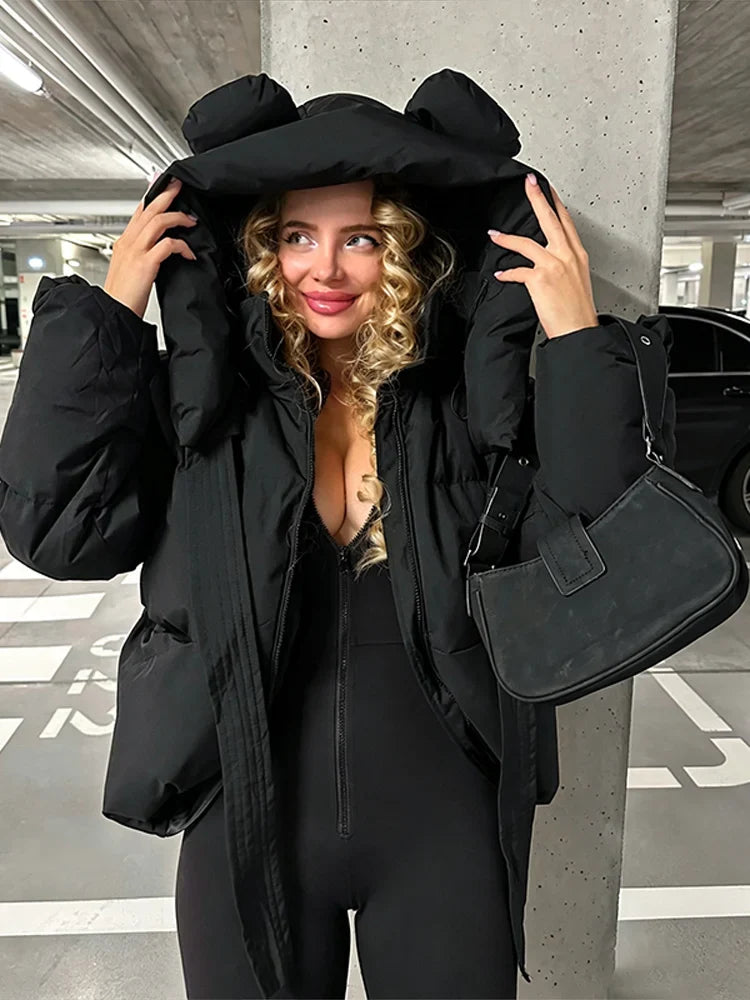 Damen Steppjacke mit Ohren-Kapuze Kurz Gefüttert