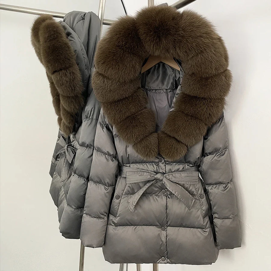 Damen Daunenjacke mit Kunstpelzkragen und Bindegürtel, warme Winterjacke