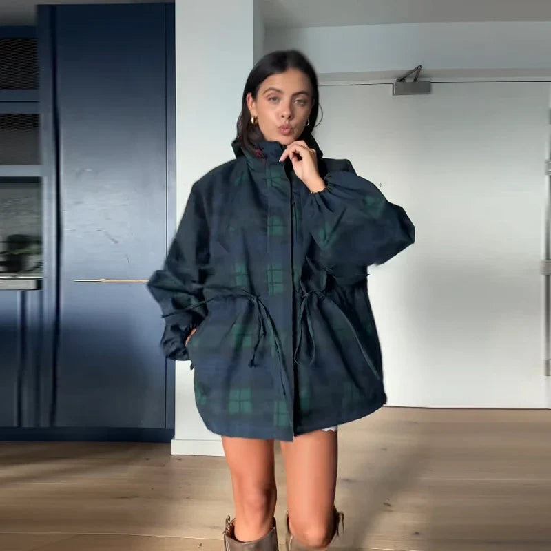 Damen Karo Jacke mit Kapuze und Kordelzug Grün Blau