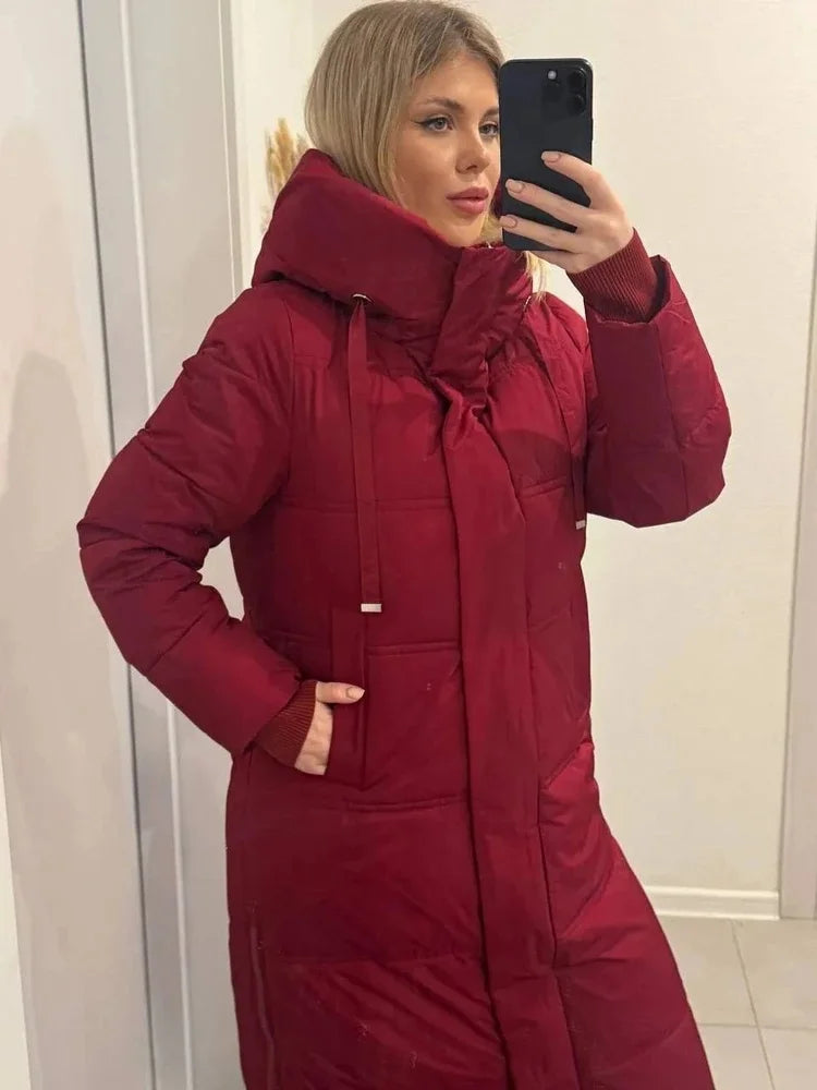 Damen Langer Steppmantel mit Kapuze Rot
