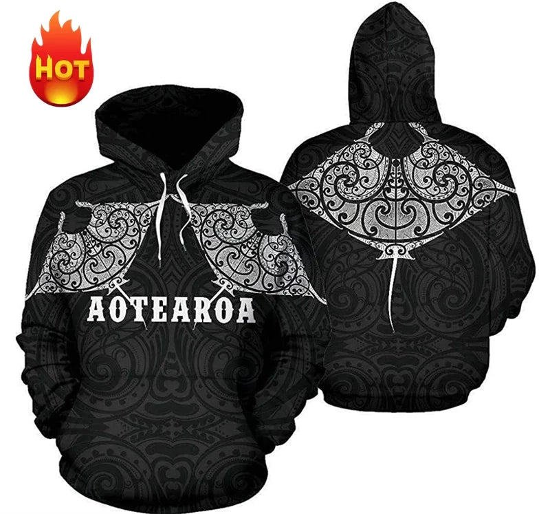 Unisex hoodie met capuchon en tribaal patroon in blauw/zwart