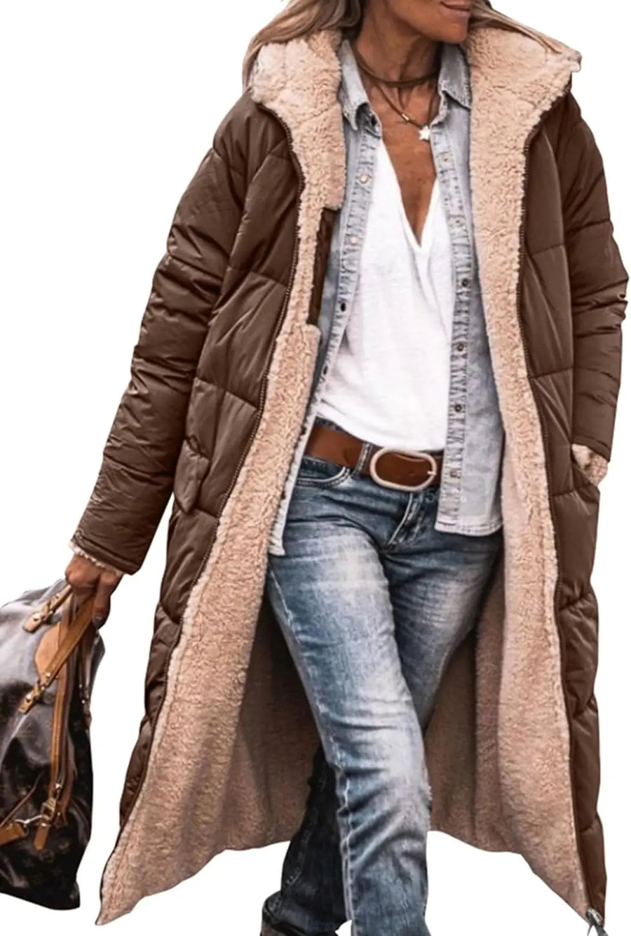 Damen Langer Steppmantel mit Teddyfutter & Kapuze