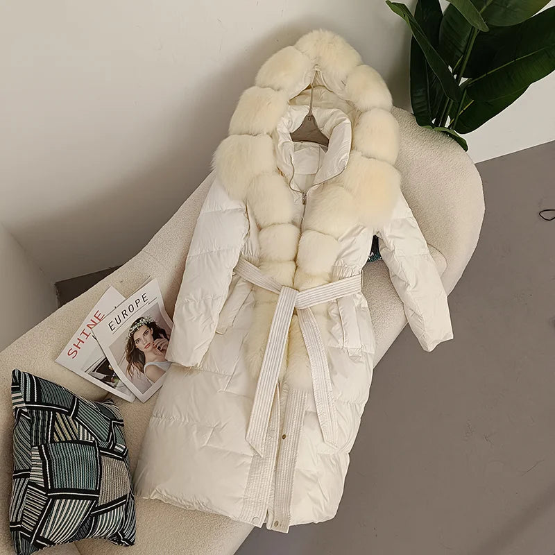 Damen Winter Steppmantel Lang mit Kapuze und Kunstpelzbesatz Gürtel