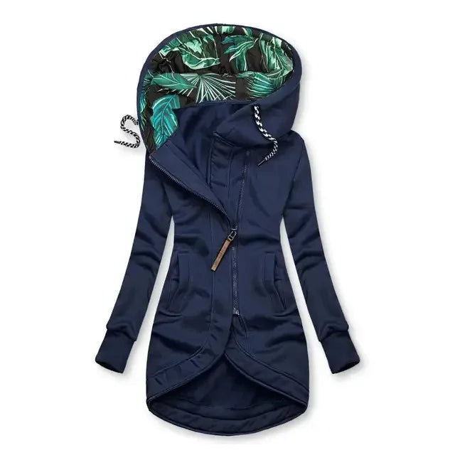 Damen Hoodie Jacke mit asymmetrichem Reißverschluss und Tropenmuster-Kapuzenfutter