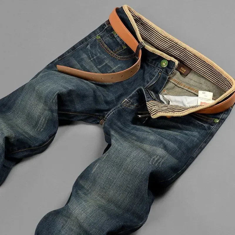 Herenjeans blauw in used look met riemlussen, casual stijl
