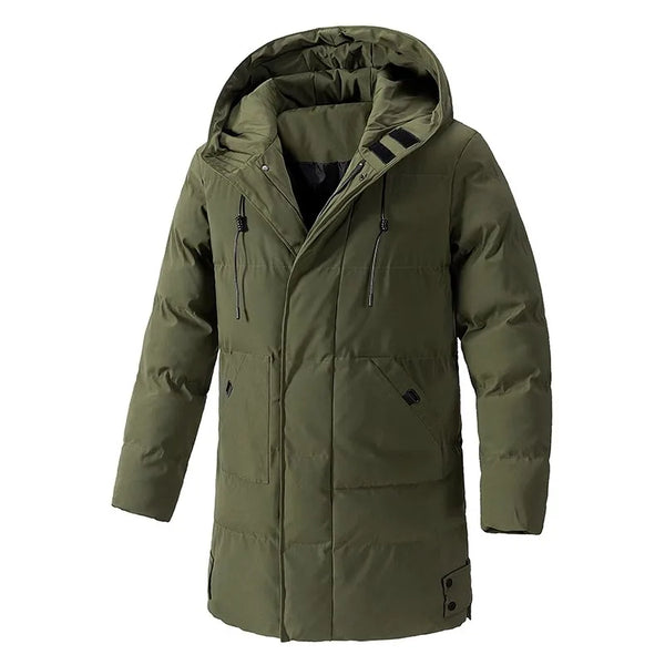 Herren Winter Steppmantel mit Kapuze – Länger geschnittene Outdoor-Jacke in Militärgrün