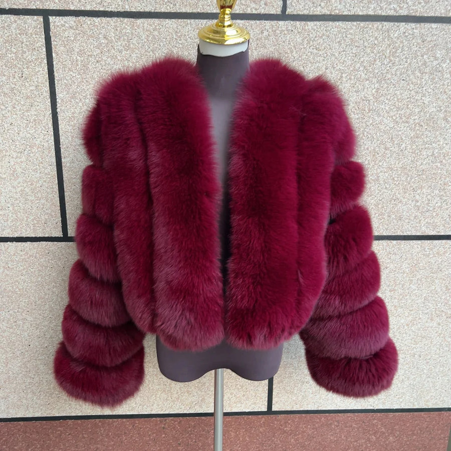 Kurze Damen Kunstpelzjacke mit langen Ärmeln und V-Ausschnitt, mehrfarbig