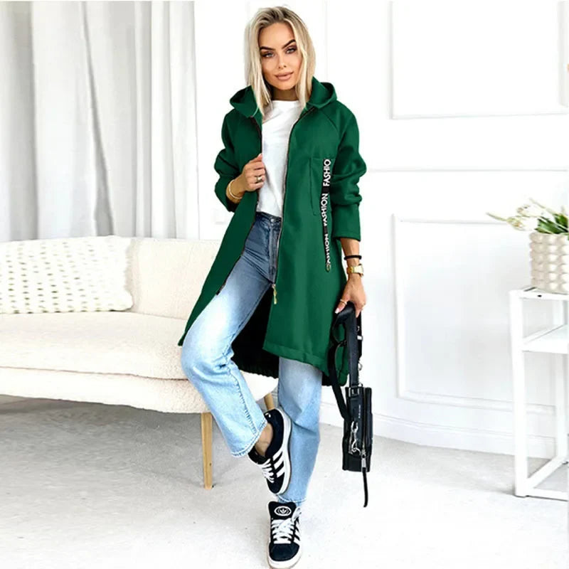 Damen Lange Hoodie Jacke mit Reißverschluss und Kapuze