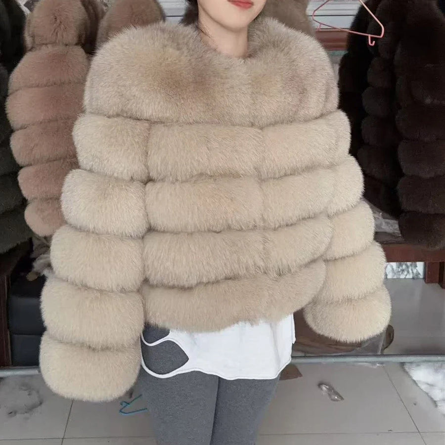 Damen Kurzjacke mit Kunstfell, Winterjacke mit gerippten Ärmeln, warmer Pelzmantel