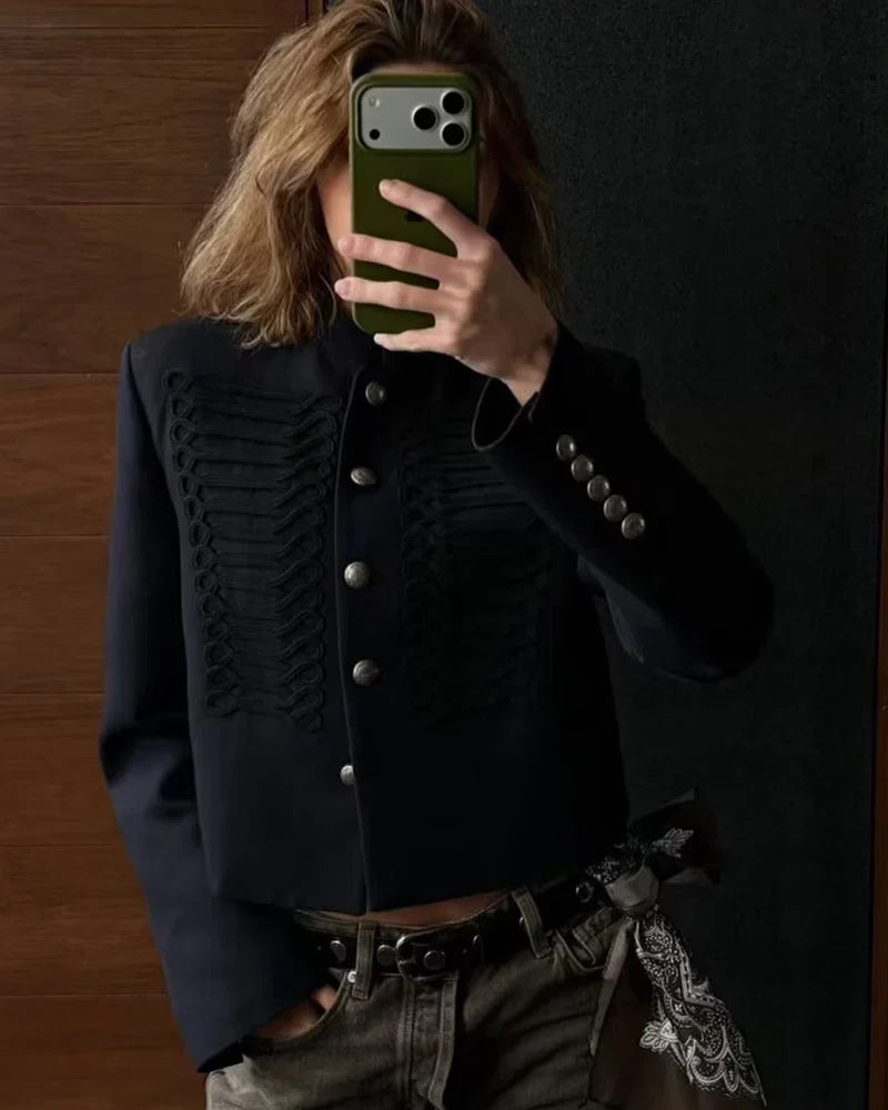 Kurze Militärjacke Damen Dunkelblau mit Stehkragen und Zierknöpfen