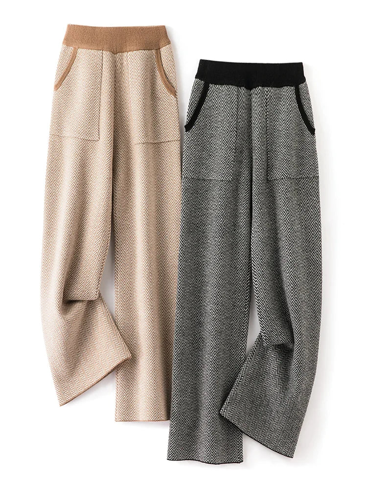Wijde gebreide broek met visgraatpatroon en elastische tailleband