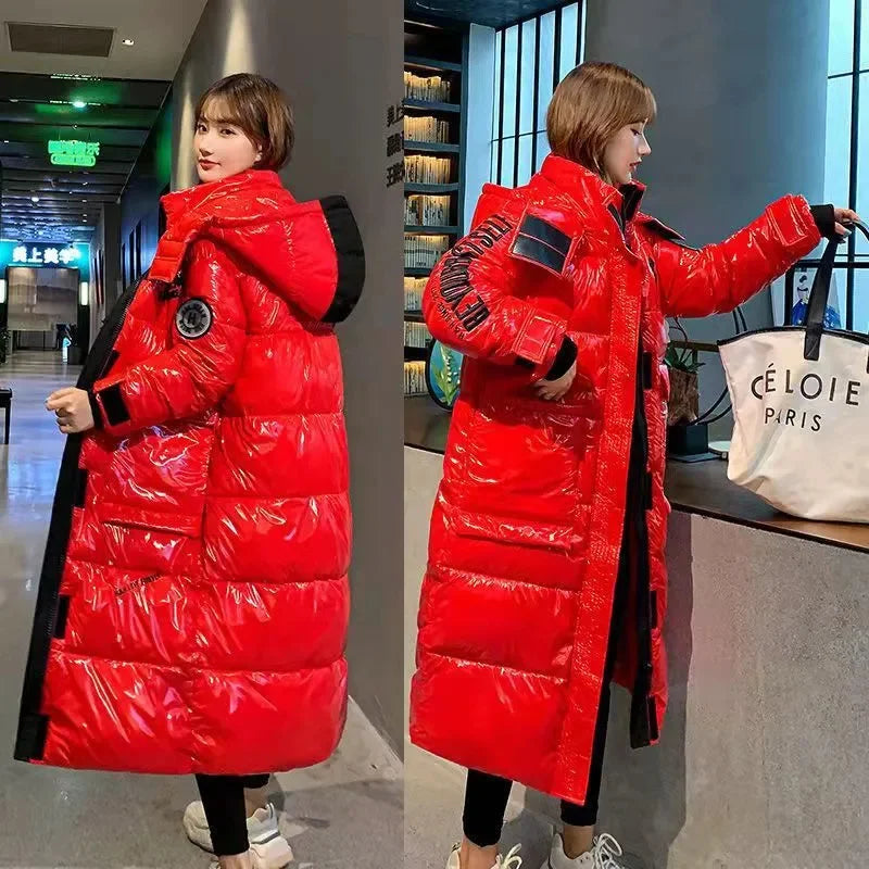 Glänzender Damen Winter Steppmantel mit Kapuze Langer Pufferjacke