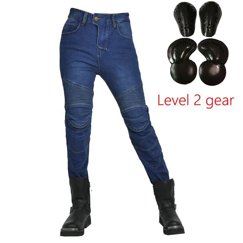 Motorjeans voor dames met protectoren, beschermpads, ribpatroon en slim fit