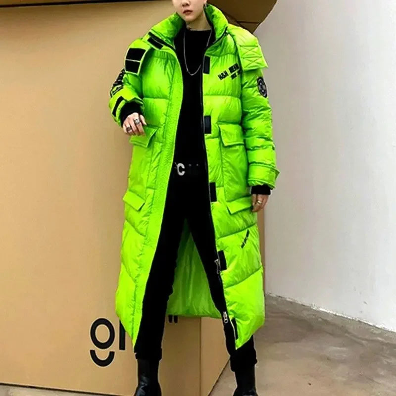 Unisex Langer Puffer Mantel Glänzend Schwarz Winter Jacke