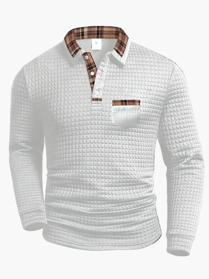 Herren Langarm Freizeitshirt im Waffelmuster mit Karodetail – Modernes Polo für Alltag und Freizeit