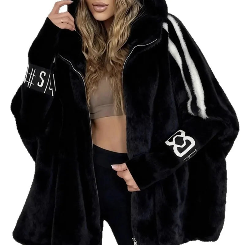Damen Kapuzenjacke aus Plüsch mit Streifen und Reißverschluss