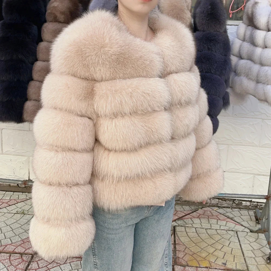Damen Kurzjacke mit Kunstfell, Winterjacke mit gerippten Ärmeln, warmer Pelzmantel