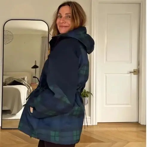 Damen Karo Jacke mit Kapuze und Kordelzug Grün Blau
