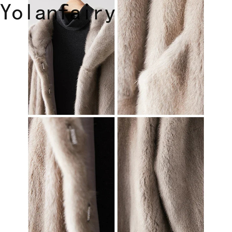 Damen Kapuzenmantel in Beige aus weichem Material mit Taschen, langer Schnitt