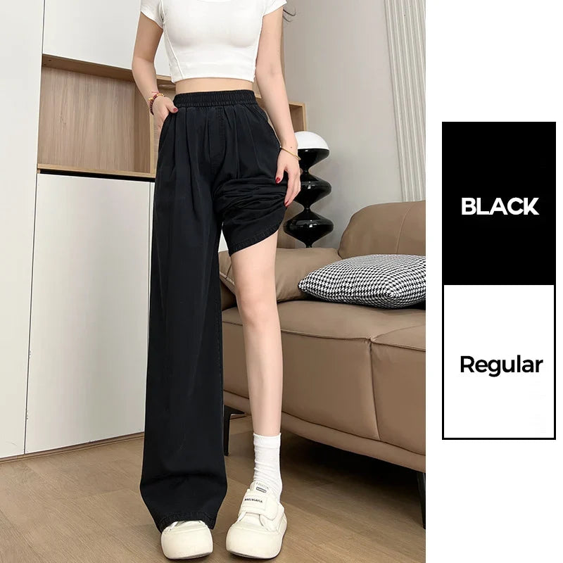 Damen Baggy Hose mit weitem Bein und elastischem Bund - Weit geschnittene Freizeithose in Jeans-Optik