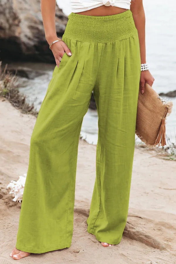 Damesstrandbroek met wijde pijpen, hoge gerimpelde tailleband, linnenlook en zakken