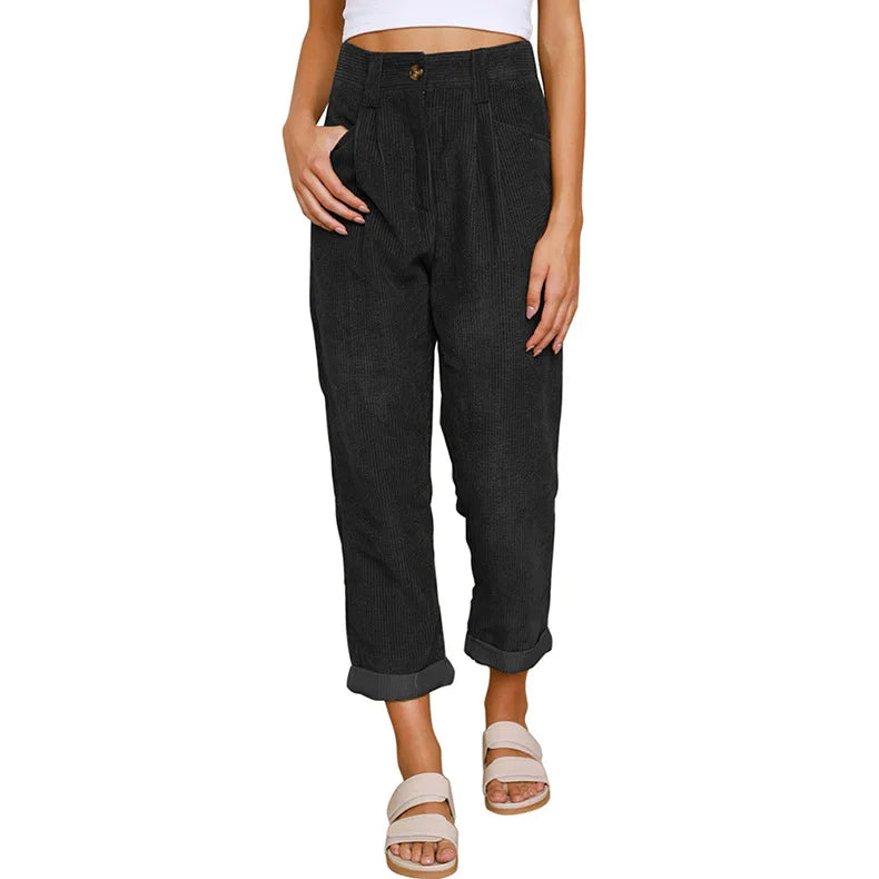 Damen Cordhose mit hoher Taille, weitem Bein und Falten, umgeschlagener Saum, Freizeit-Look