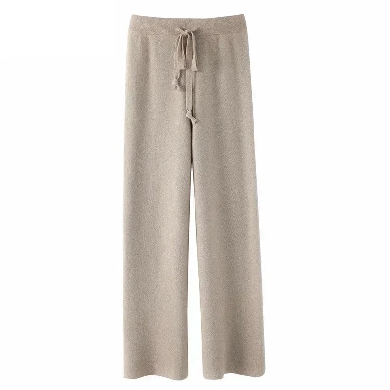 Damen Strickhose Weites Bein Hoher Bund mit Kordelzug
