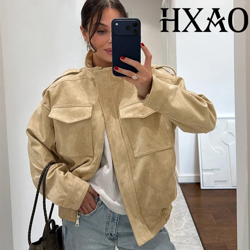 Unisex Bomberjacke mit Stehkragen und Brusttaschen