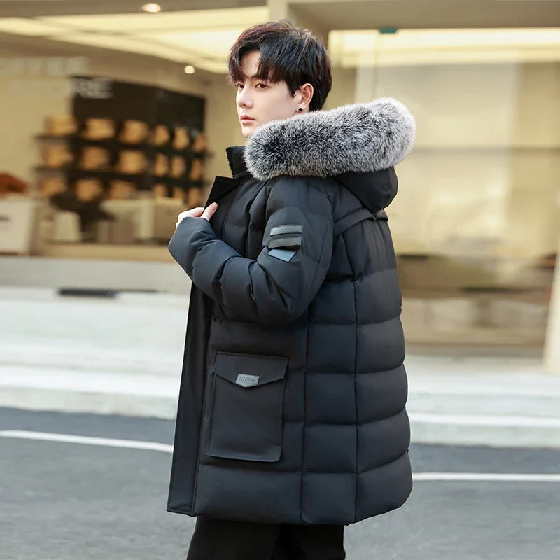Herren Winterparka mit Kapuze Pelzbesatz Gepolsterte Lange Jacke