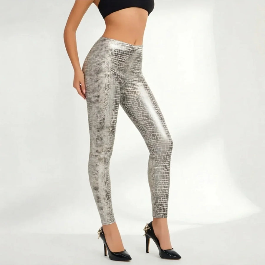 Dameslegging met krokodillenreliëf, hoogglans, zilverkleurig metallic