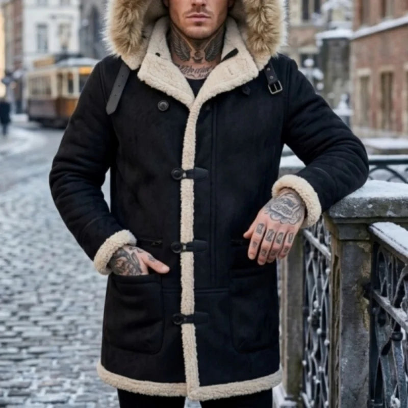 Herren Wintermantel mit Kapuze und Fellimitat-Futter