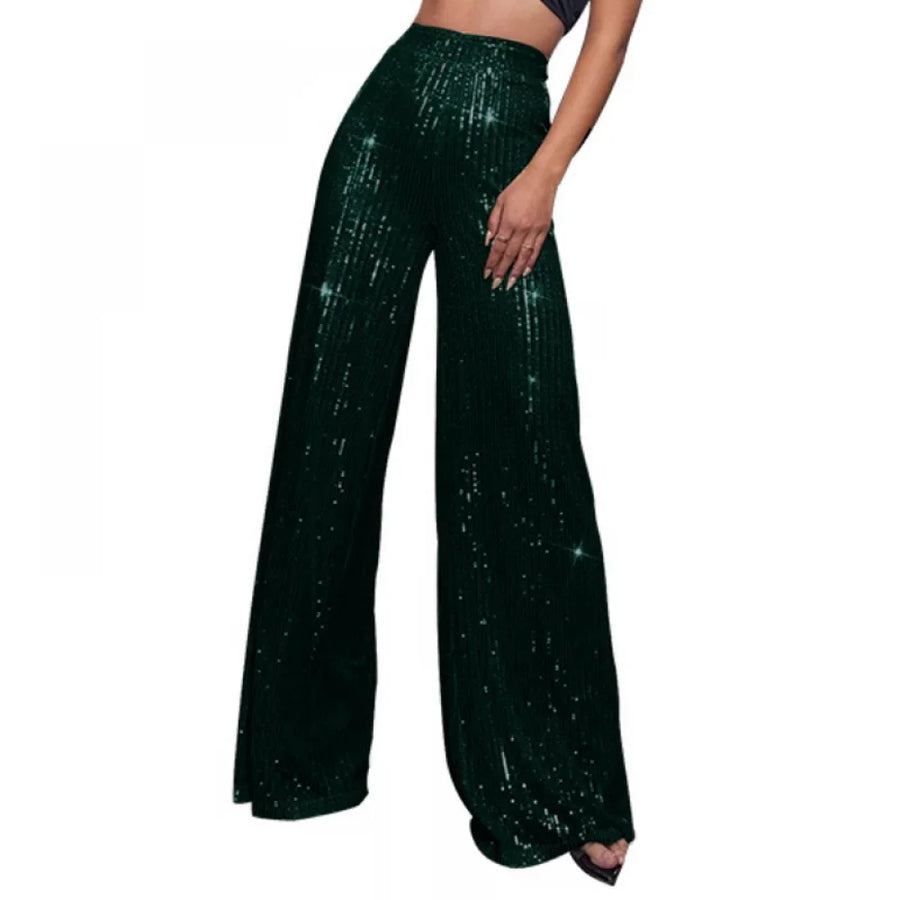 Damen Pailletten Schlaghose Hoher Bund Weites Bein Glitzernde Partyhose