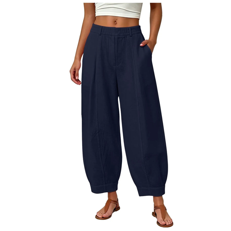 Dames linnen broek met wijde pijpen, hoge taille, elastisch, vrijetijdsbroek