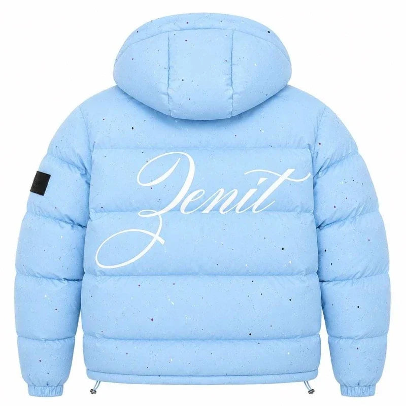 Gesteppte Winterjacke mit Kapuze für Herren, Hellblau mit Farbspritzern