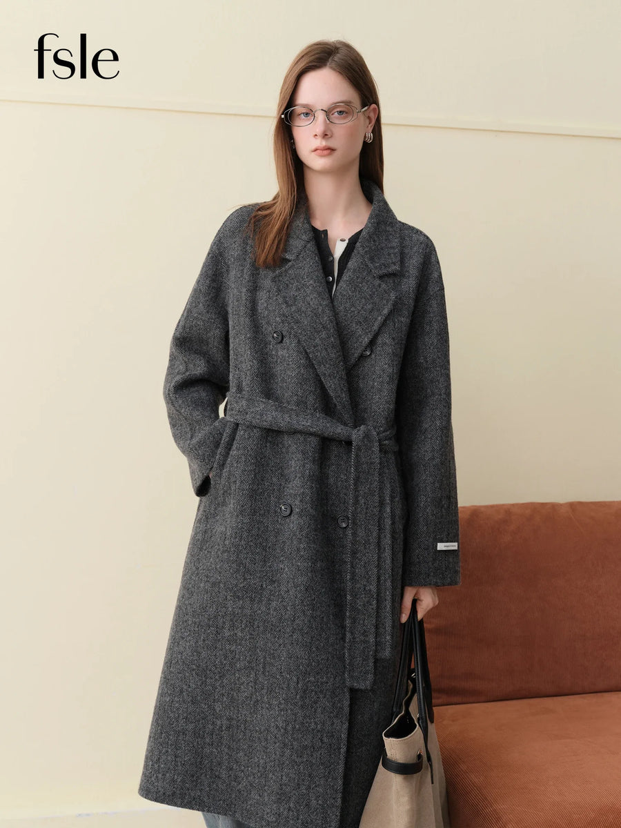 Damen langer Mantel Zweireiher Wickeldesign mit Gürtel