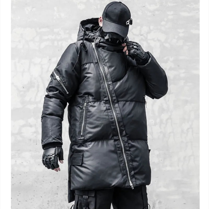 Schwarze Winterjacke für Herren mit Kapuze und asymmetrischem Reißverschluss, gepolstert