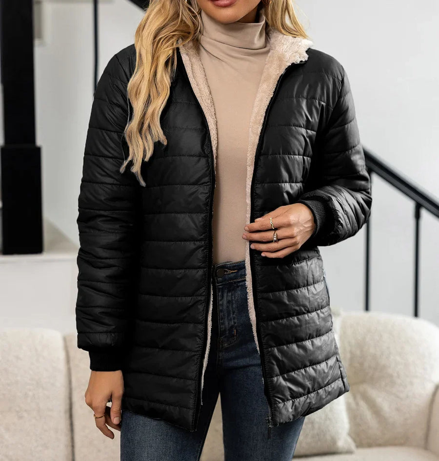 Damen Steppjacke mit Kapuze, gefüttert, lang geschnitten, Warm